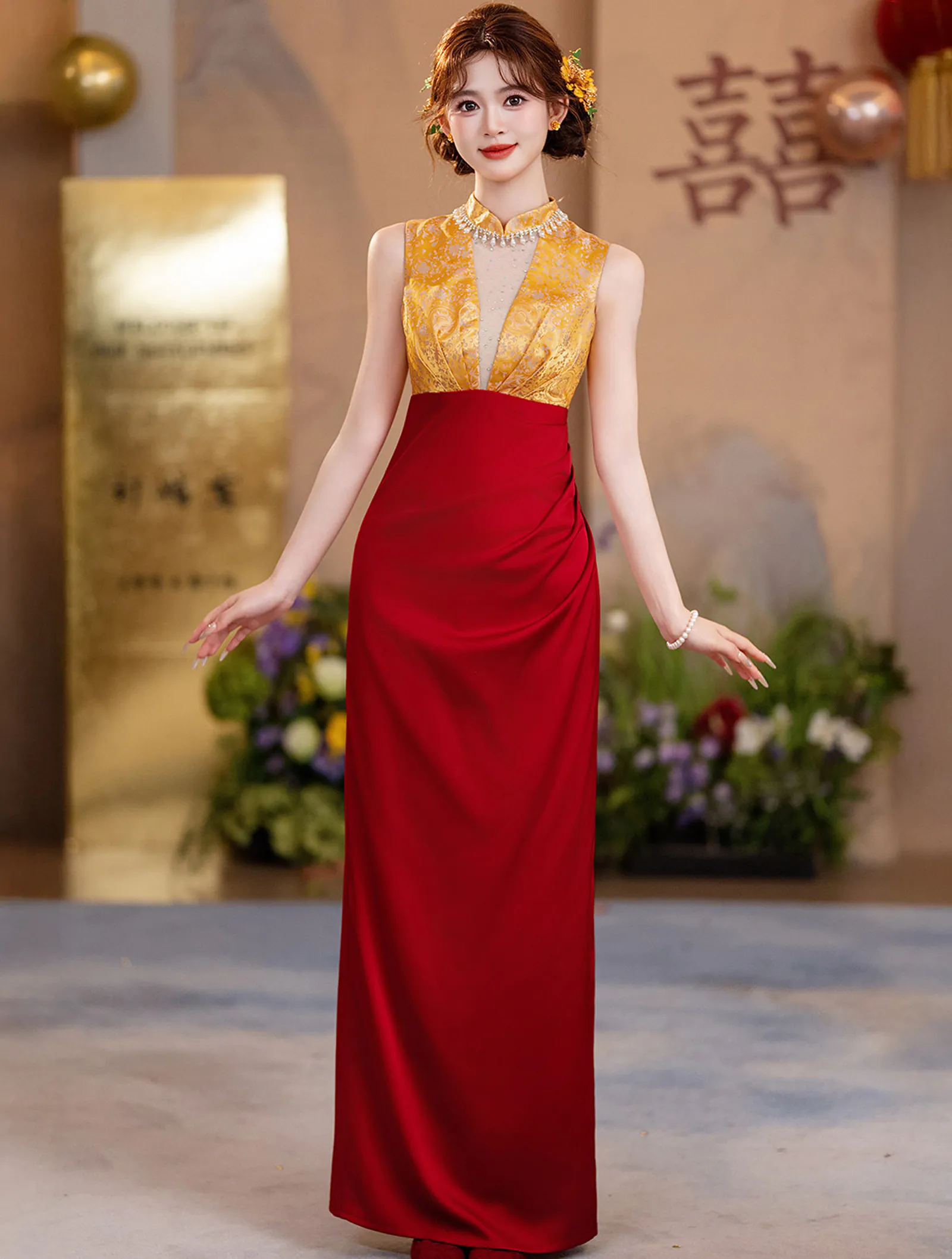 Luxurious Sleeveless Yellow Jacquard Bodice Formal Evening Toasting Gown01