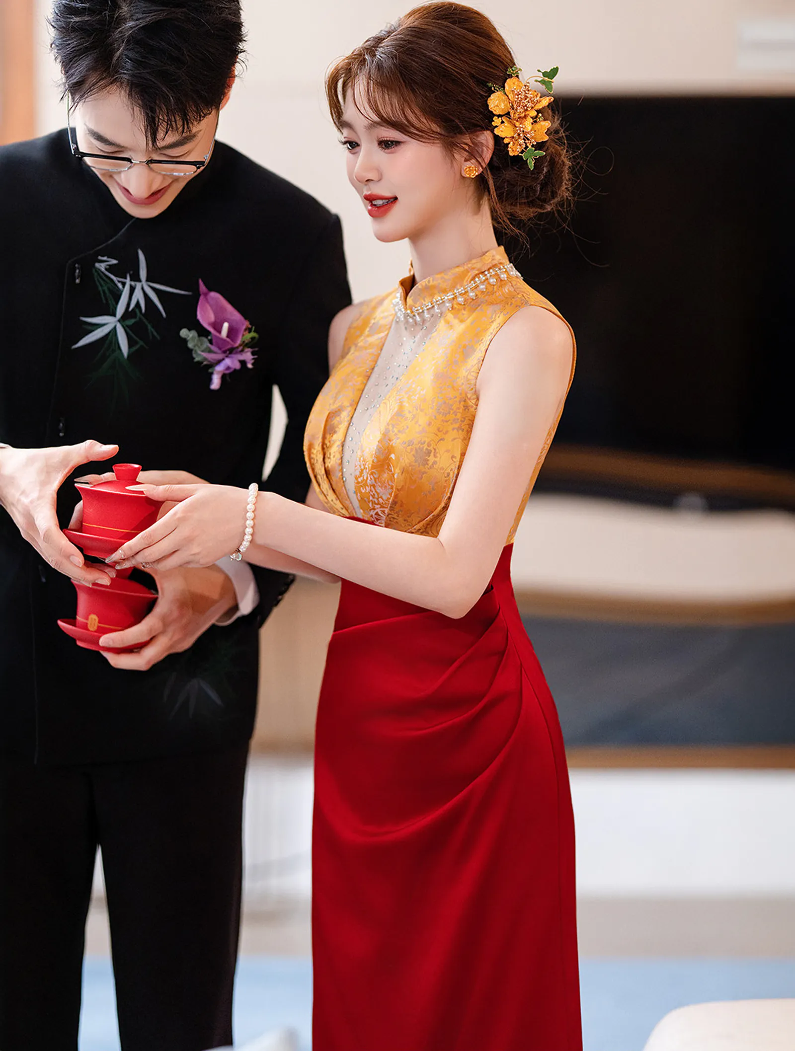 Luxurious Sleeveless Yellow Jacquard Bodice Formal Evening Toasting Gown03 Luxurious Sleeveless Yellow Jacquard Bodice Formal Evening Toasting Gown03
