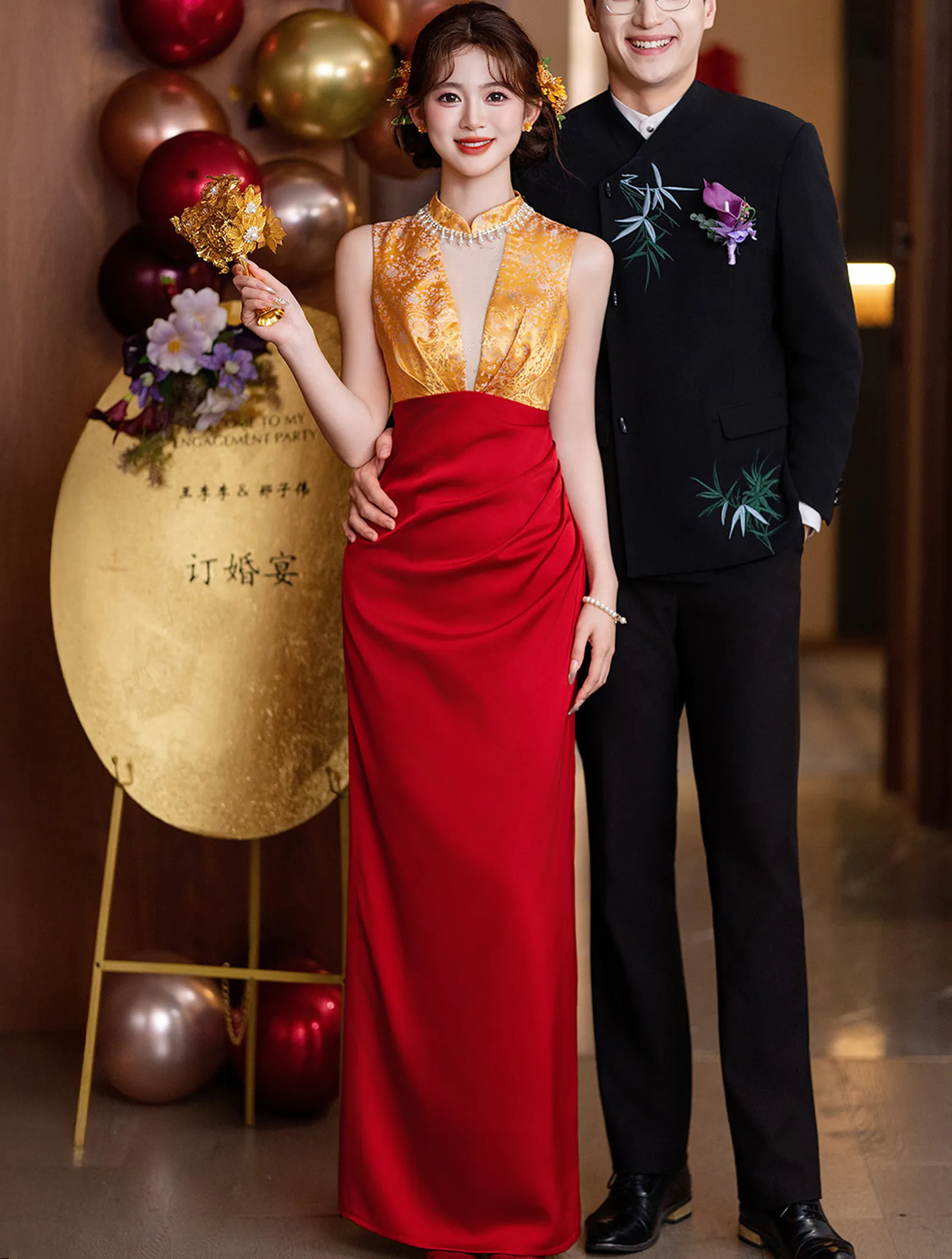Luxurious Sleeveless Yellow Jacquard Bodice Formal Evening Toasting Gown04 Luxurious Sleeveless Yellow Jacquard Bodice Formal Evening Toasting Gown04