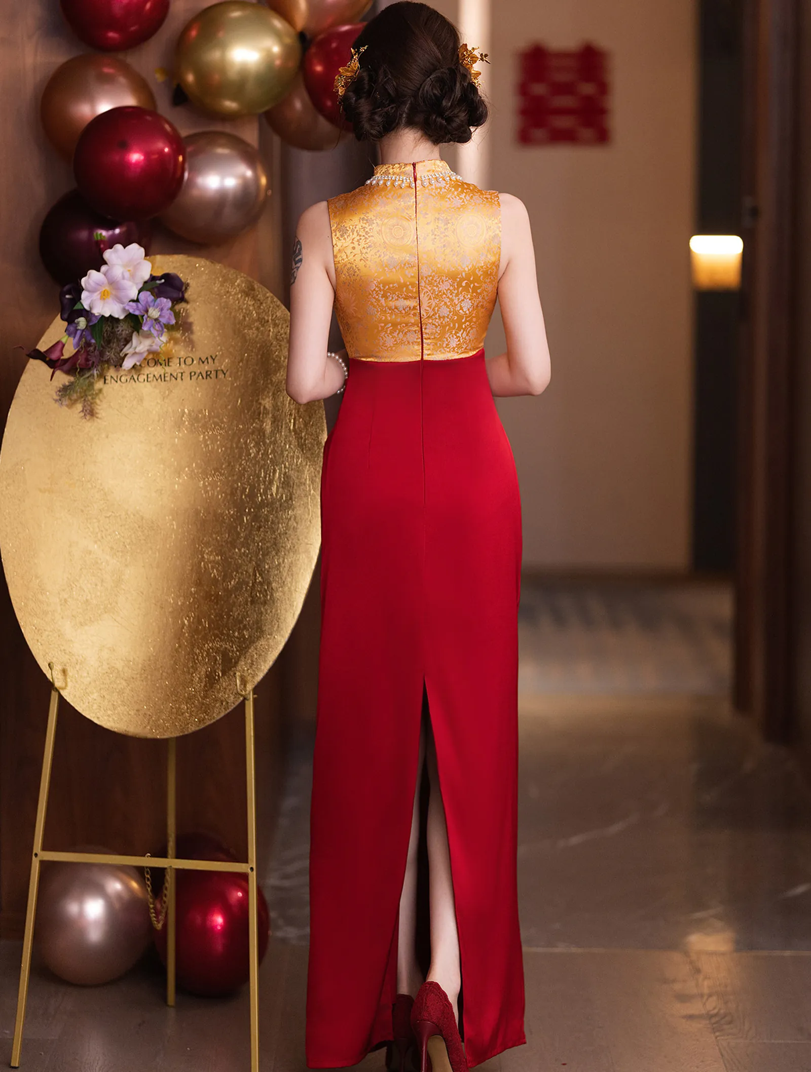 Luxurious Sleeveless Yellow Jacquard Bodice Formal Evening Toasting Gown06 Luxurious Sleeveless Yellow Jacquard Bodice Formal Evening Toasting Gown06