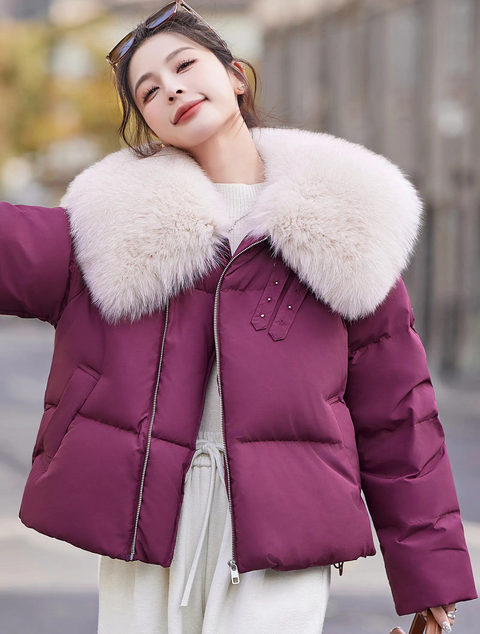 New Fashion Purple Slim Fit Faux Fur Collar Casual Puffer Down Coat02