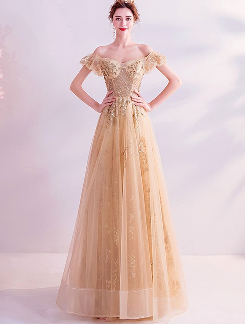 Off Shoulder Golden Evening Gown Prom Dress for Toast Banquet Party01