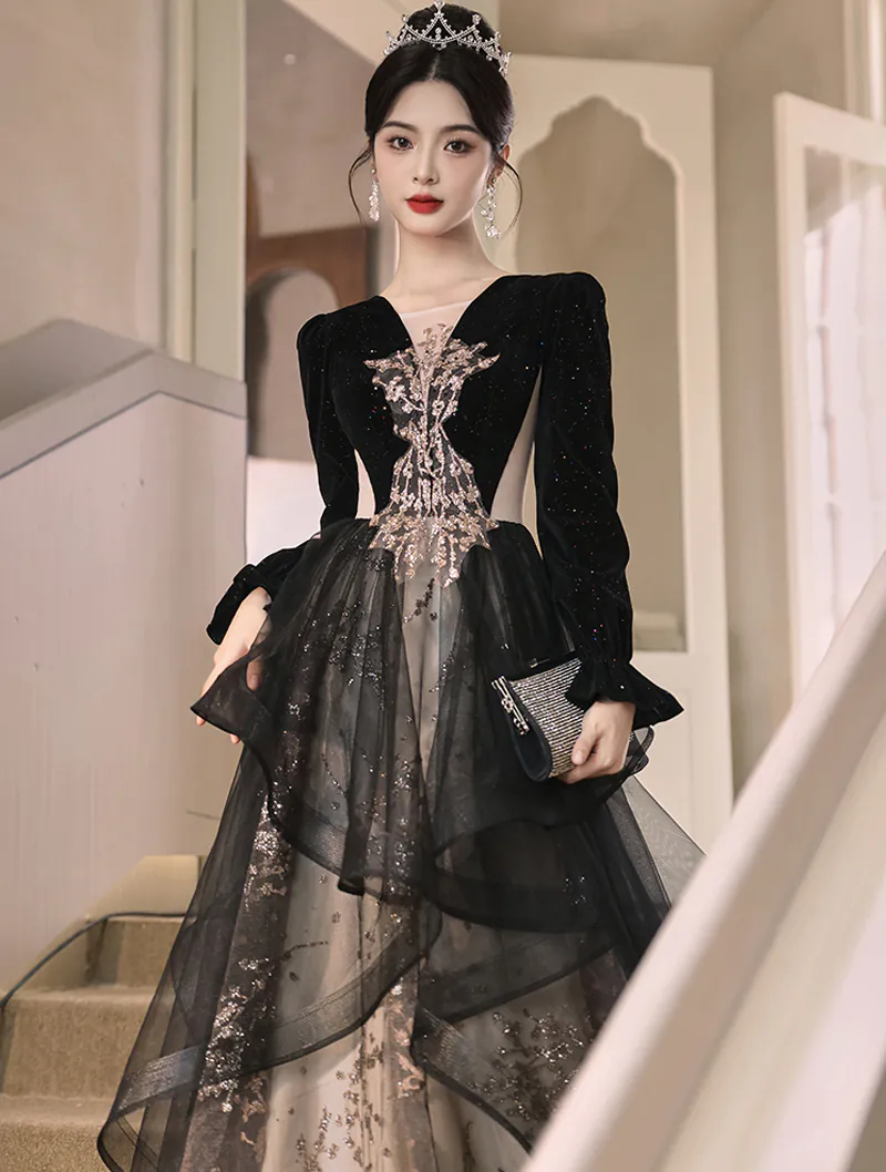 Pretty Embroidery V-neck Long Sleeve Black Evening Dress Ball Gown ...