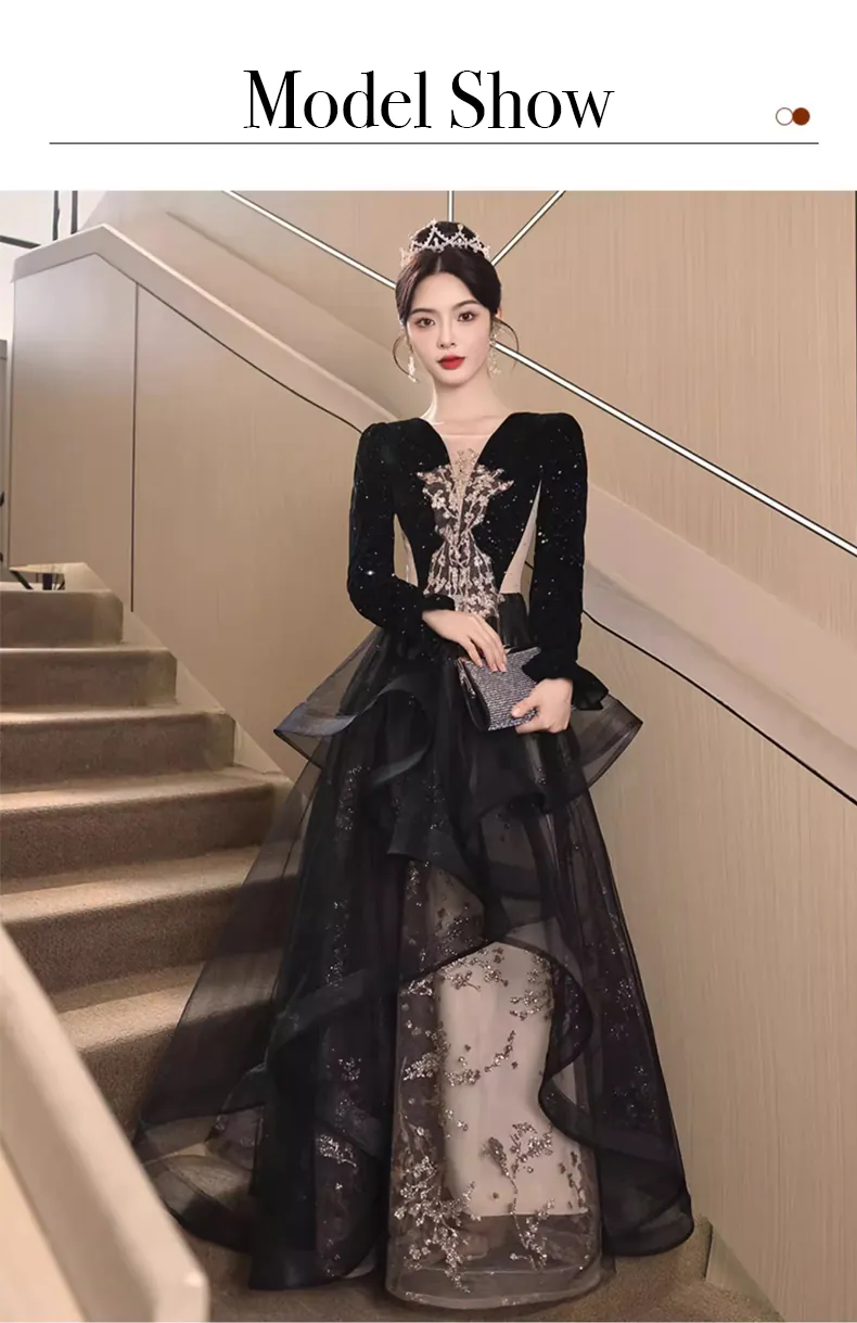 Pretty-Embroidery-V-neck-Long-Sleeve-Black-Evening-Dress-Ball-Gown11