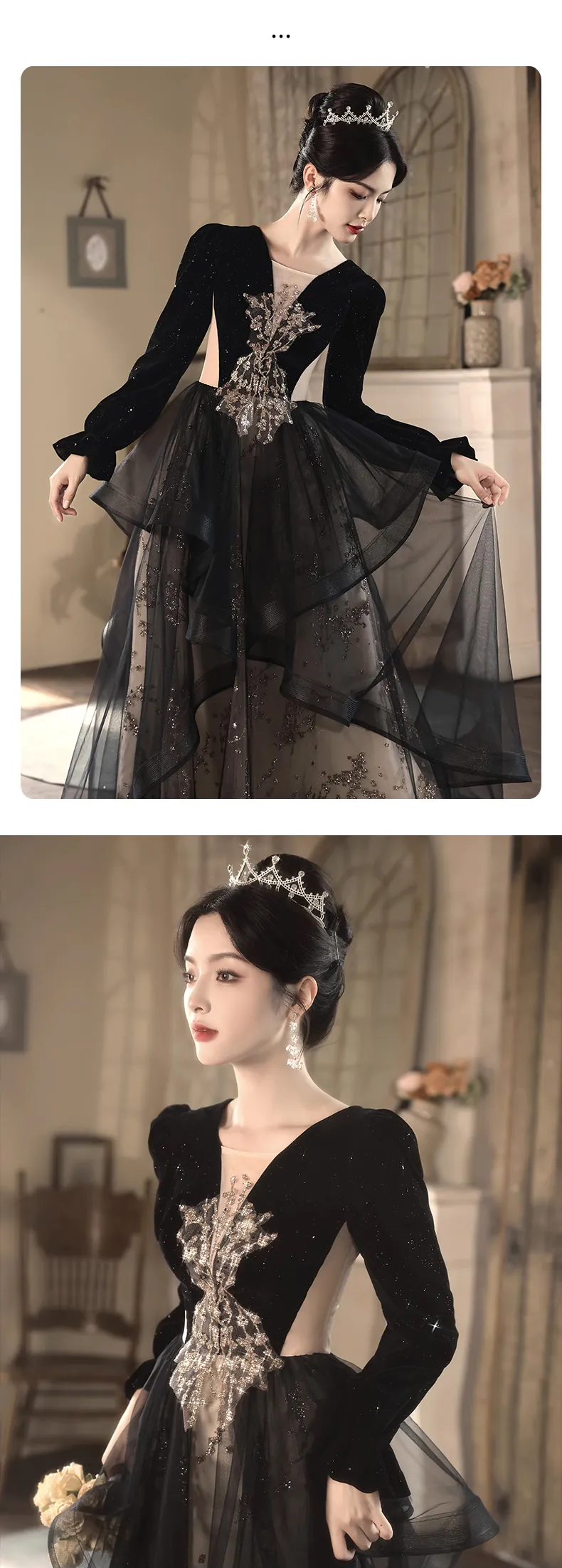 Pretty-Embroidery-V-neck-Long-Sleeve-Black-Evening-Dress-Ball-Gown12