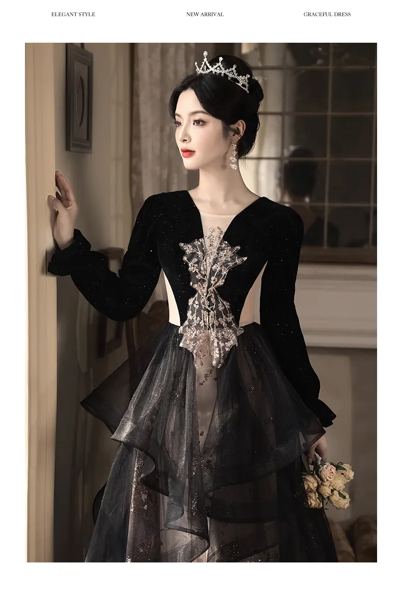 Pretty Embroidery V-neck Long Sleeve Black Evening Dress Ball Gown (Size: L)