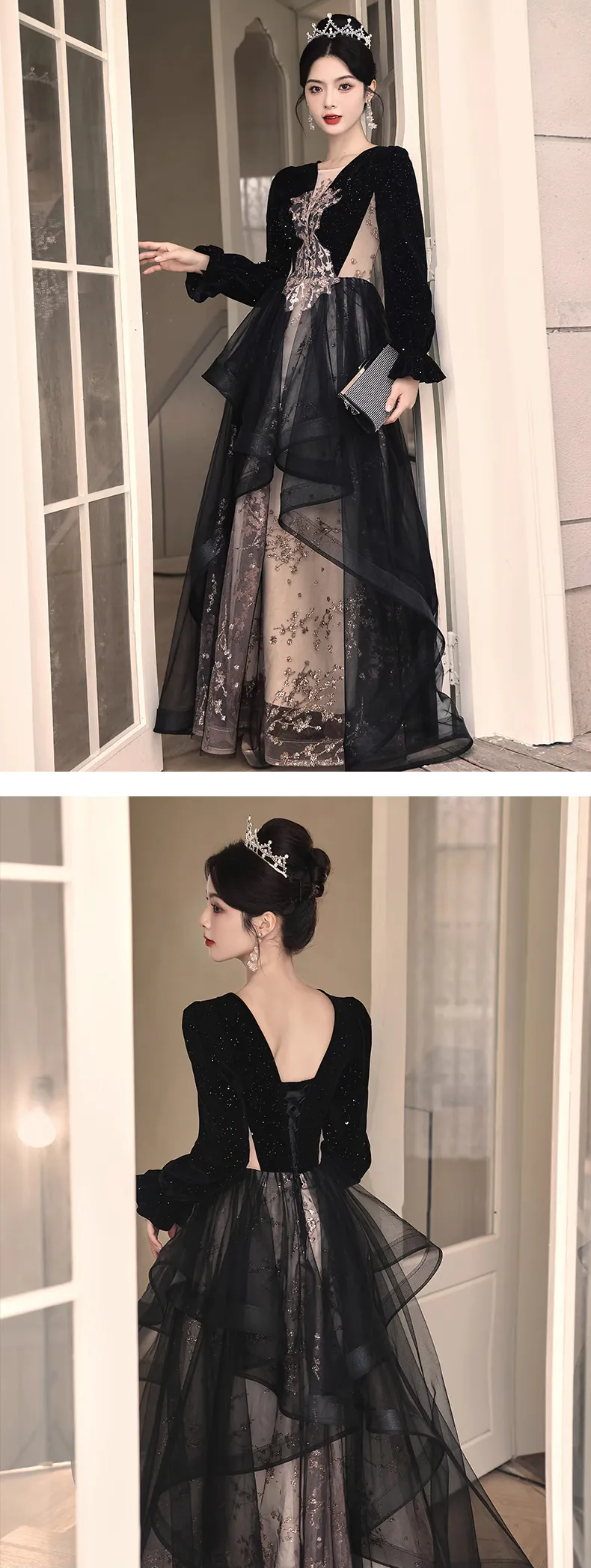 Pretty-Embroidery-V-neck-Long-Sleeve-Black-Evening-Dress-Ball-Gown16