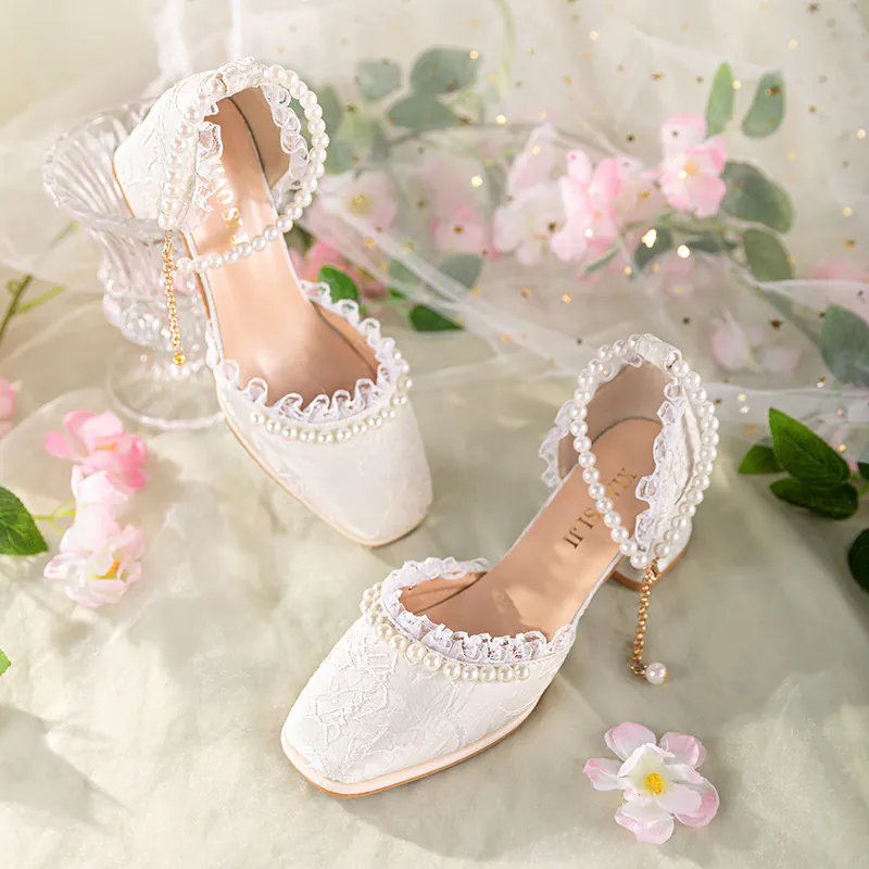 Romantic Lace Pearl White Block Mid Heels Party Shoes for Ladies01