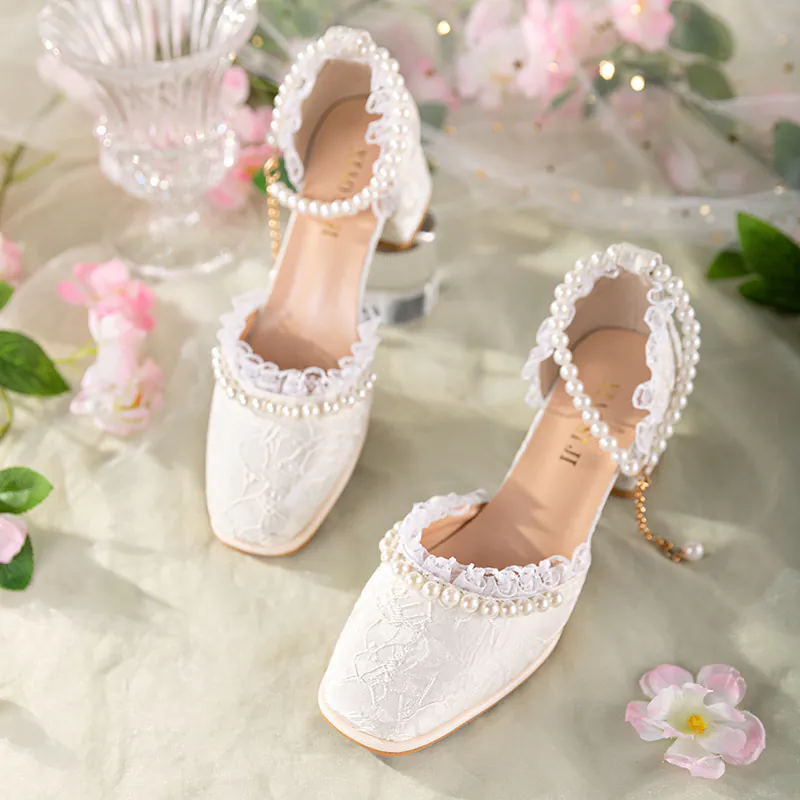 Romantic Lace Pearl White Block Mid Heels Party Shoes for Ladies02