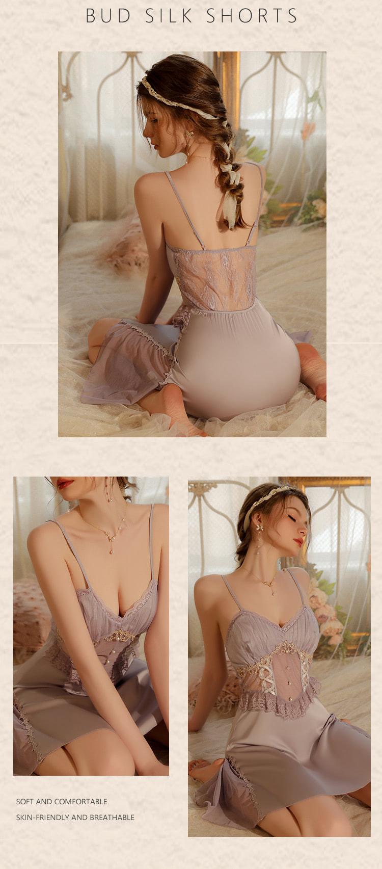Sexy V-Neck Purple Built-in Bra Sheer Lace Tulle Nightgown Sleepwear –  FloraShe