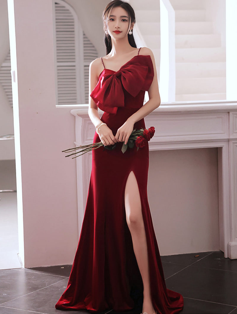Sexy Wine Red Velvet Split Fishtail Slip Evening Formal Maxi Dress01