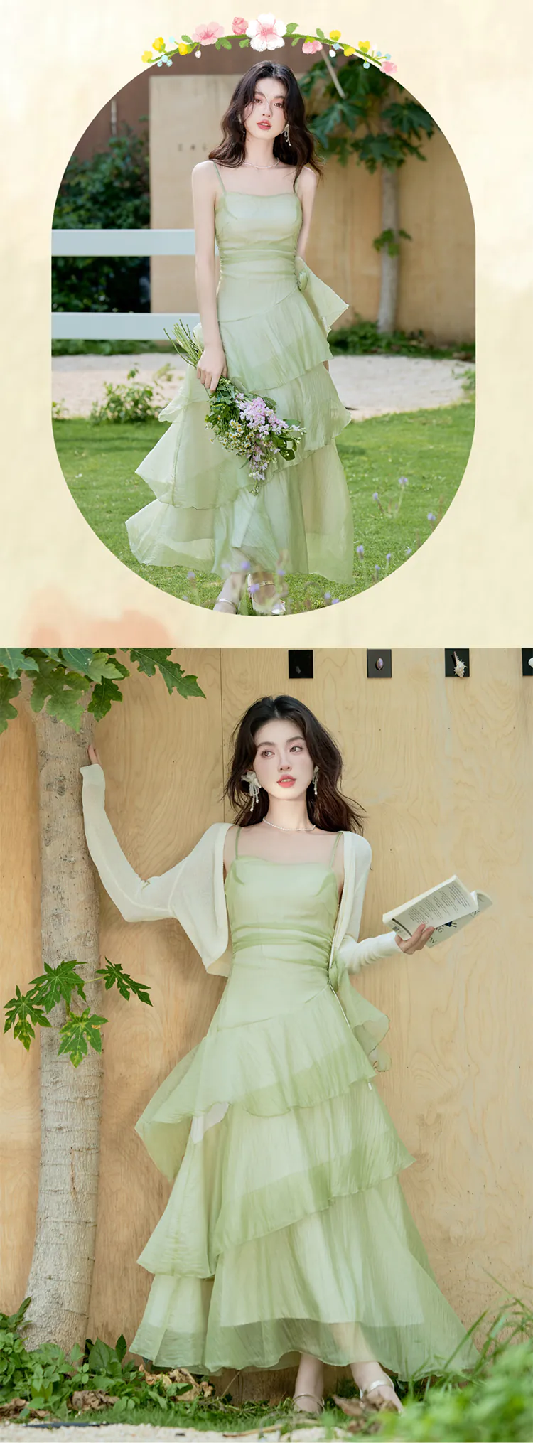 Soft-Green-Irregular-Layered-Ruffle-Hem-Cami-Dress-with-Sheer-Cardigan-Set08