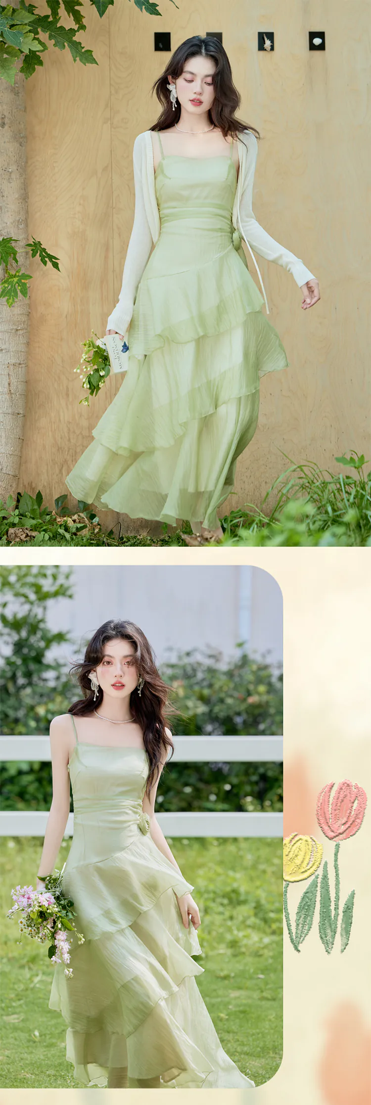 Soft-Green-Irregular-Layered-Ruffle-Hem-Cami-Dress-with-Sheer-Cardigan-Set12