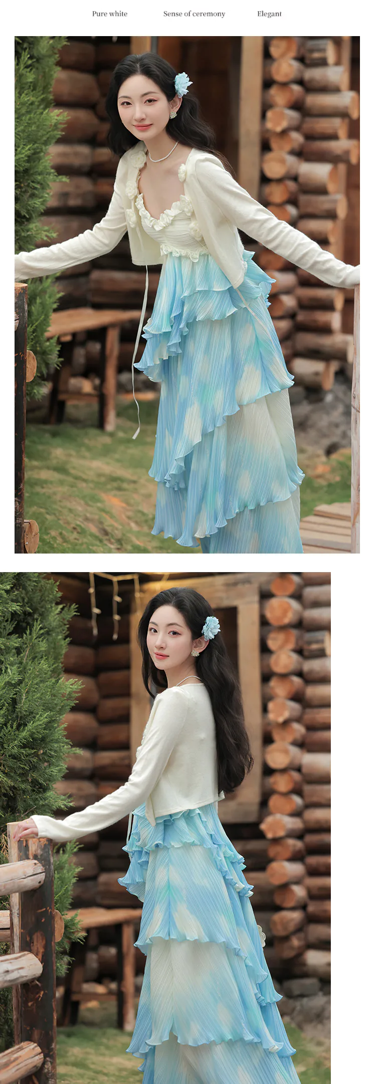 Sweet-Blue-White-Gradient-Irregular-Skirt-Dress-with-Apricot-Cardigan-Set19