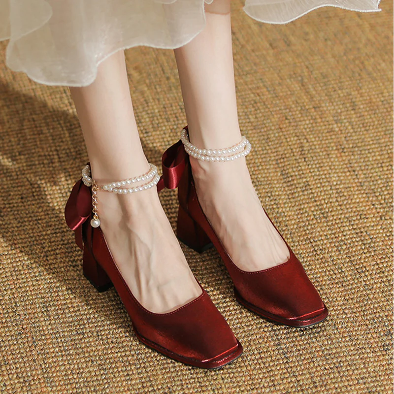 Sweet French Style Ribbon Bow Solid Color Wedding Prom Shoes Heels02