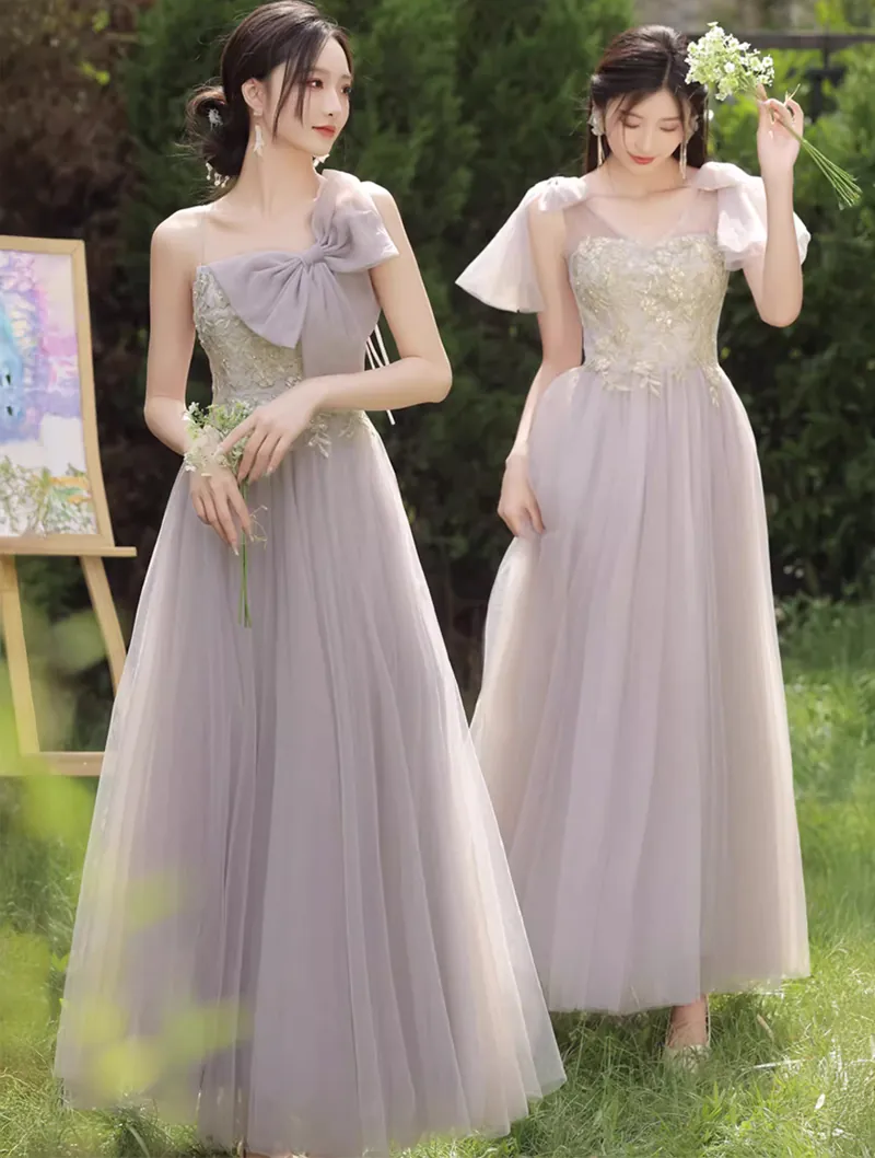 Sweet Light Gray Color Wedding Guest Chiffon Maxi Bridesmaid Dress 