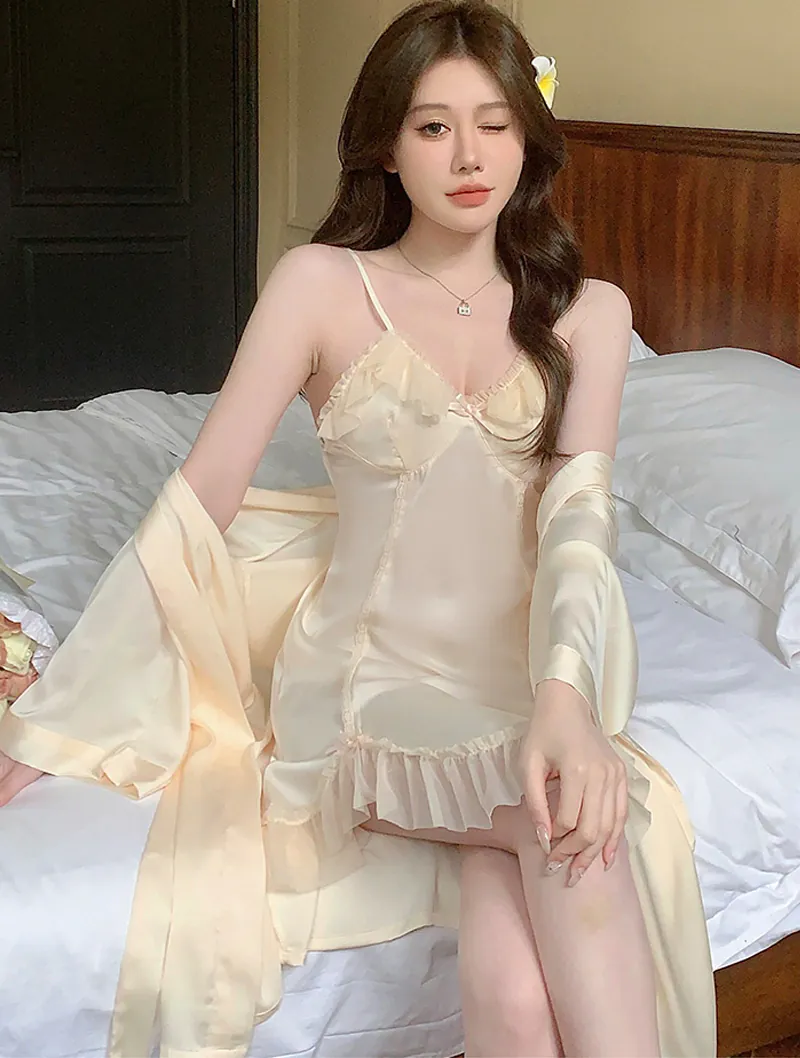 Sweet Ruffle Edge Slip Nightgown Sleepwear with Robe02