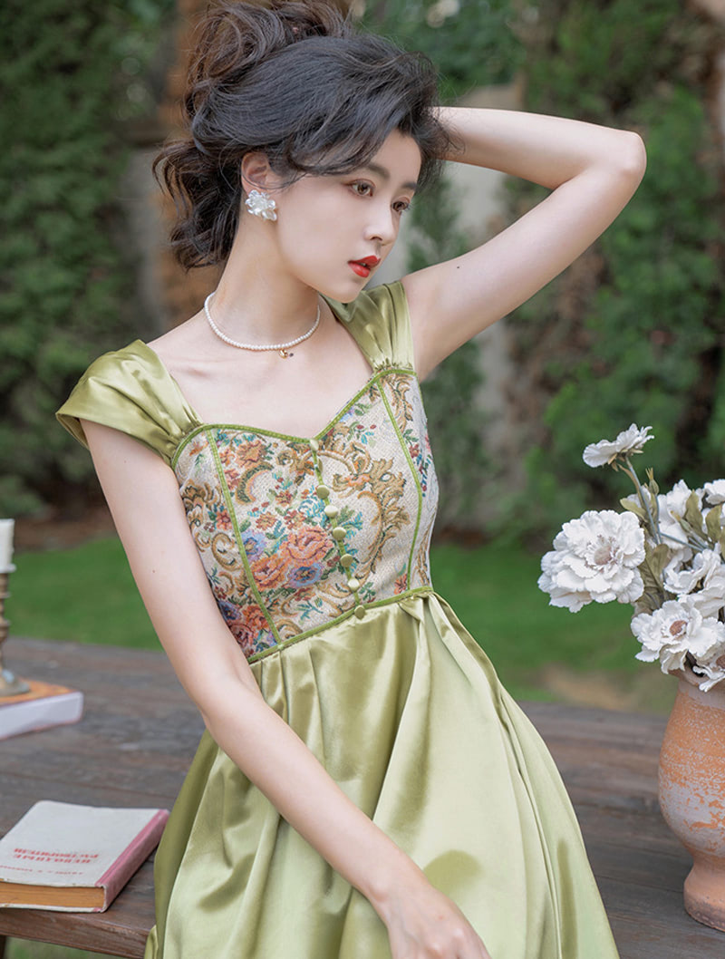 Vintage French Hepburn Green Jacquard Summer Casual Midi Dress03