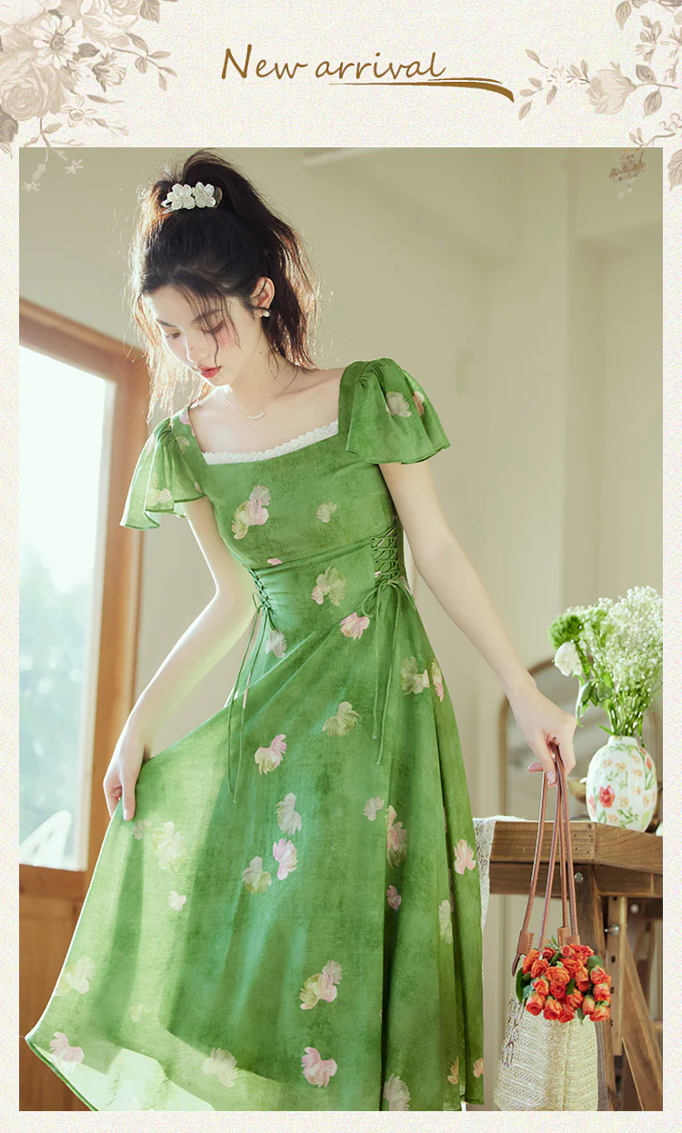 Charming-Square-Neck-Smudge-Floral-Print-Green-Summer-Beach-Dress07