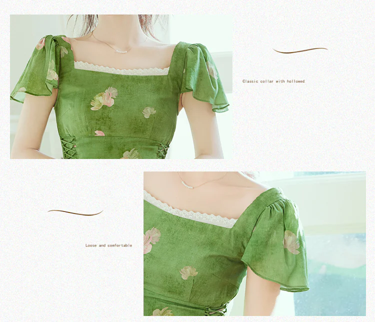 Charming-Square-Neck-Smudge-Floral-Print-Green-Summer-Beach-Dress09