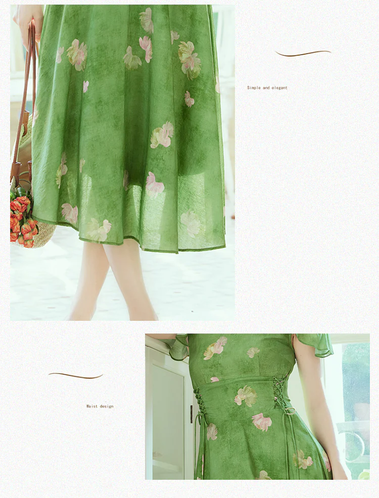 Charming-Square-Neck-Smudge-Floral-Print-Green-Summer-Beach-Dress10