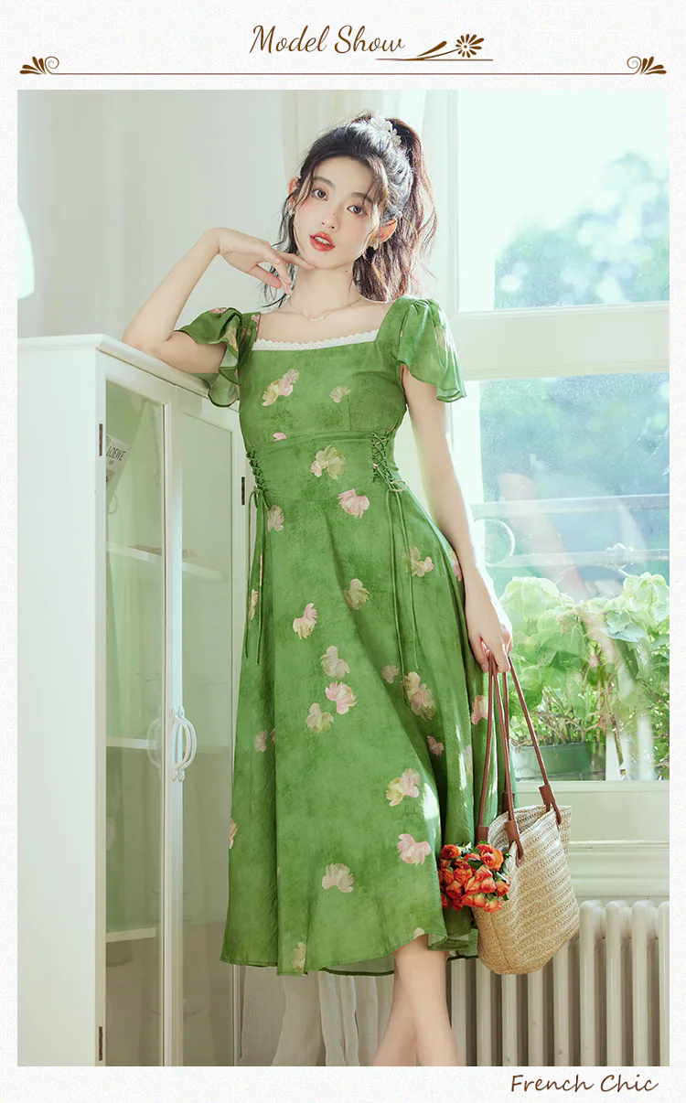 Charming-Square-Neck-Smudge-Floral-Print-Green-Summer-Beach-Dress11