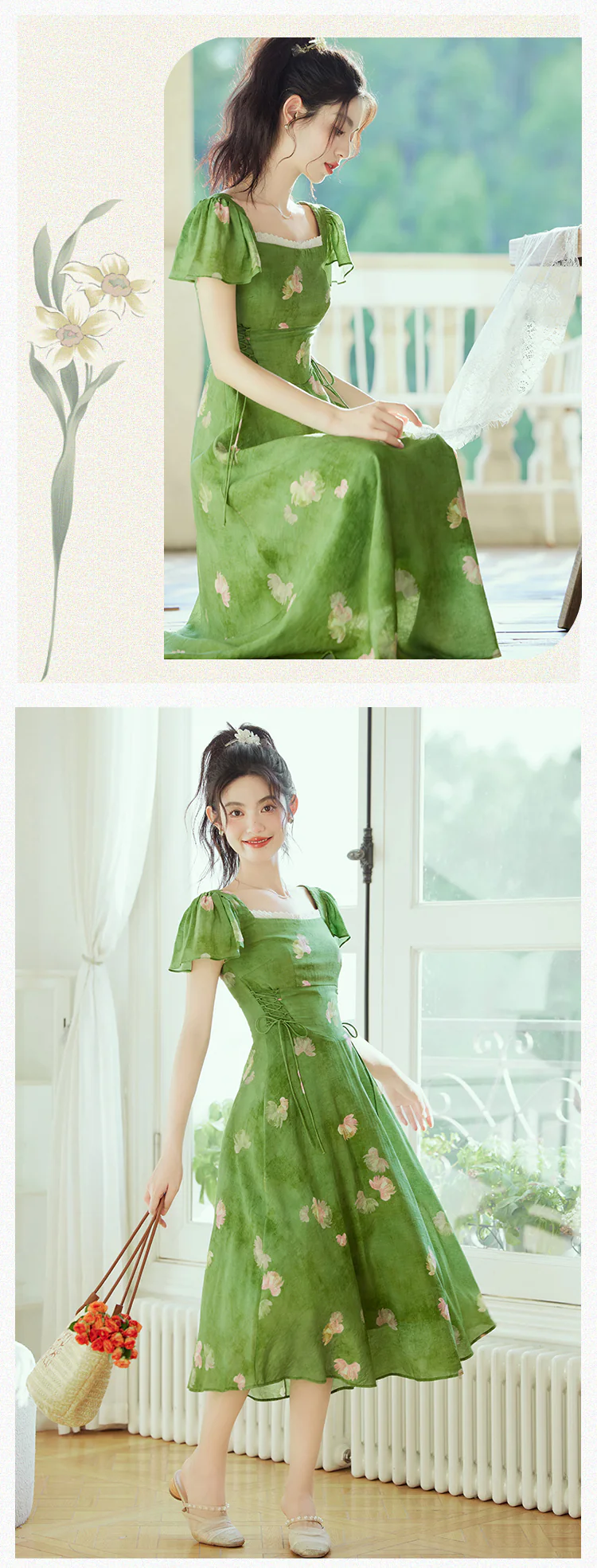 Charming-Square-Neck-Smudge-Floral-Print-Green-Summer-Beach-Dress12