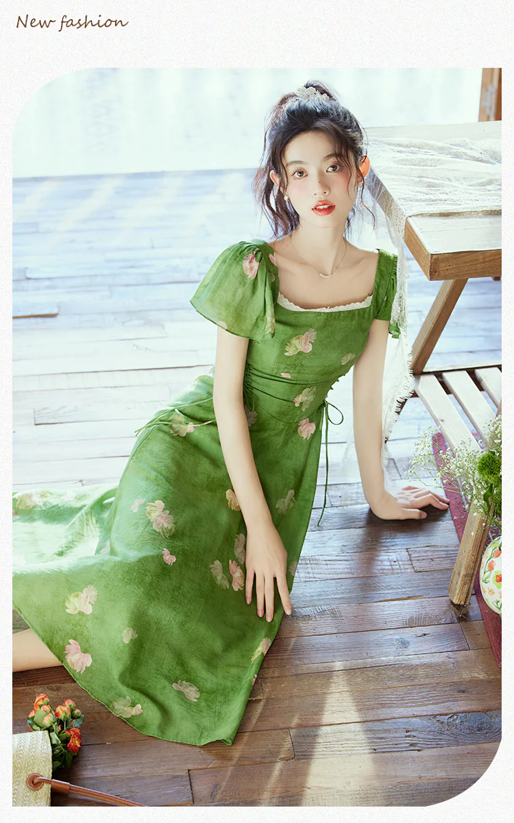 Charming-Square-Neck-Smudge-Floral-Print-Green-Summer-Beach-Dress14