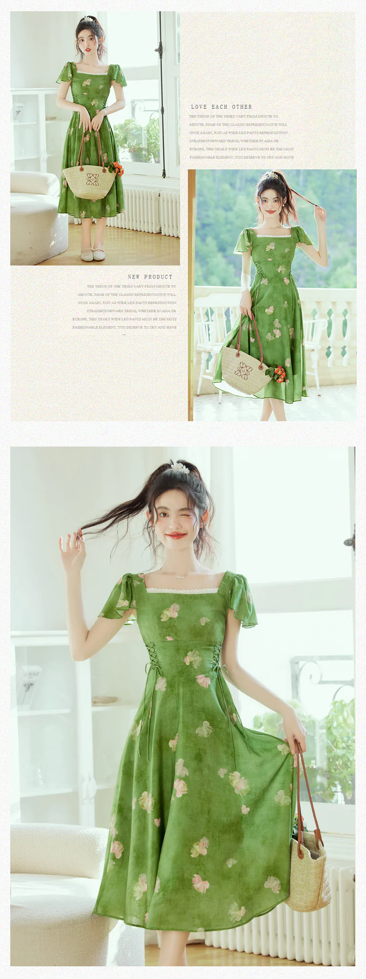 Charming-Square-Neck-Smudge-Floral-Print-Green-Summer-Beach-Dress15