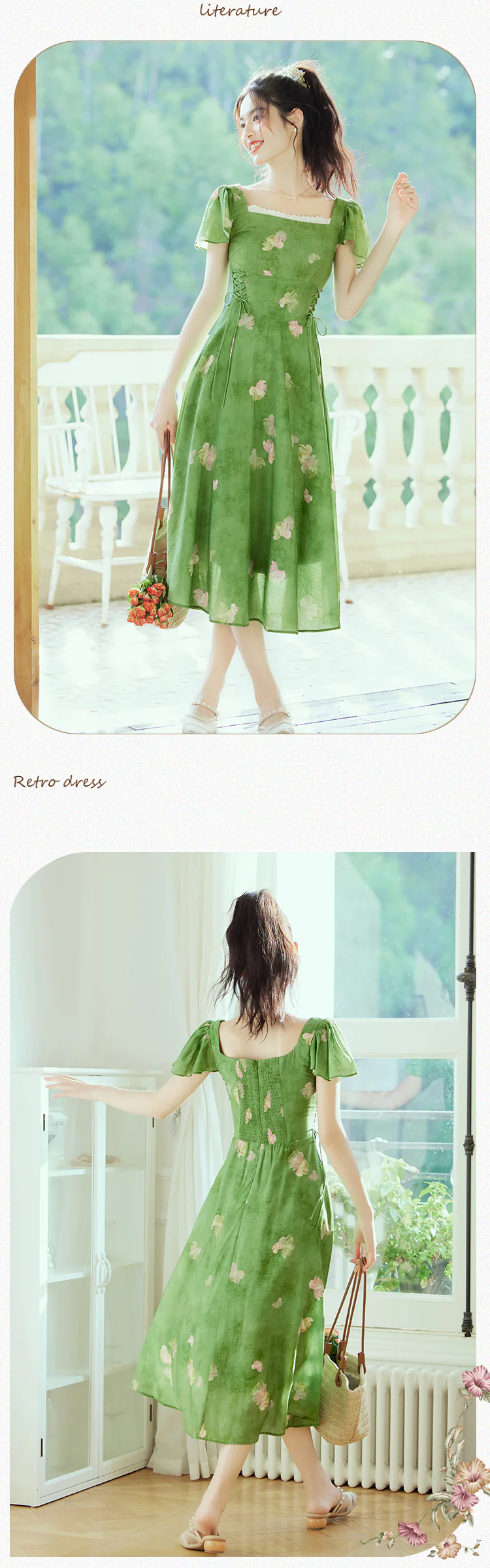 Charming-Square-Neck-Smudge-Floral-Print-Green-Summer-Beach-Dress16