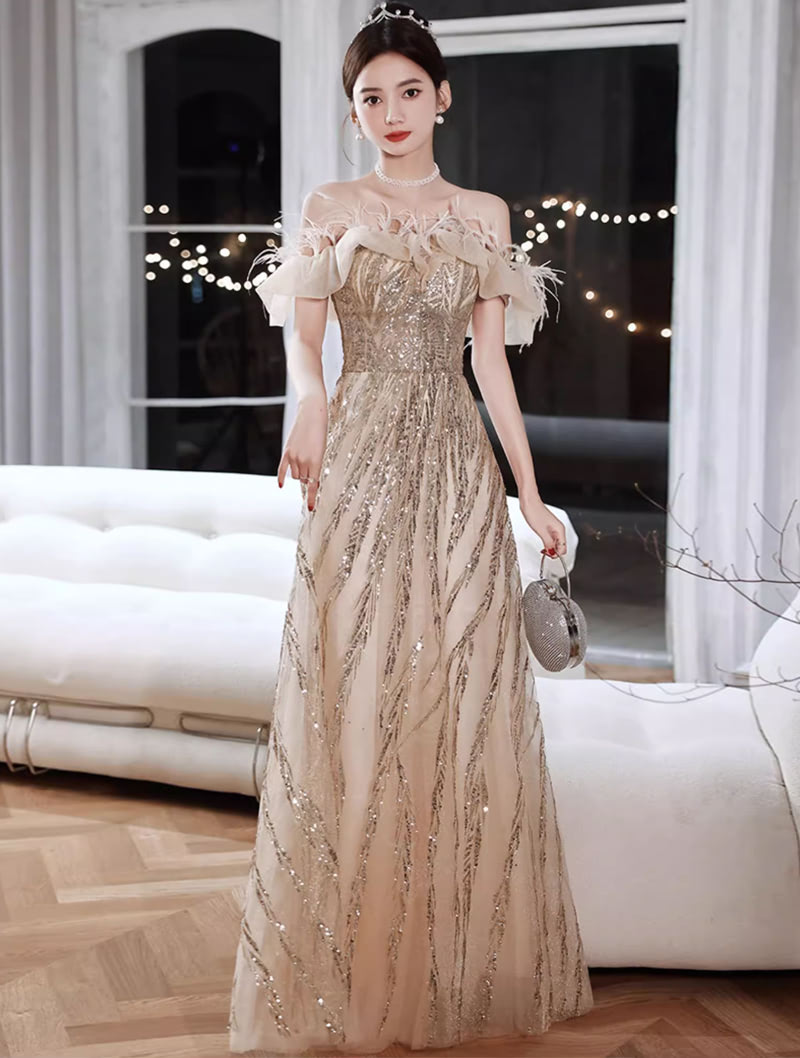 Classy Off the Shoulder Champagne Birthday Party Evening Prom Dress01