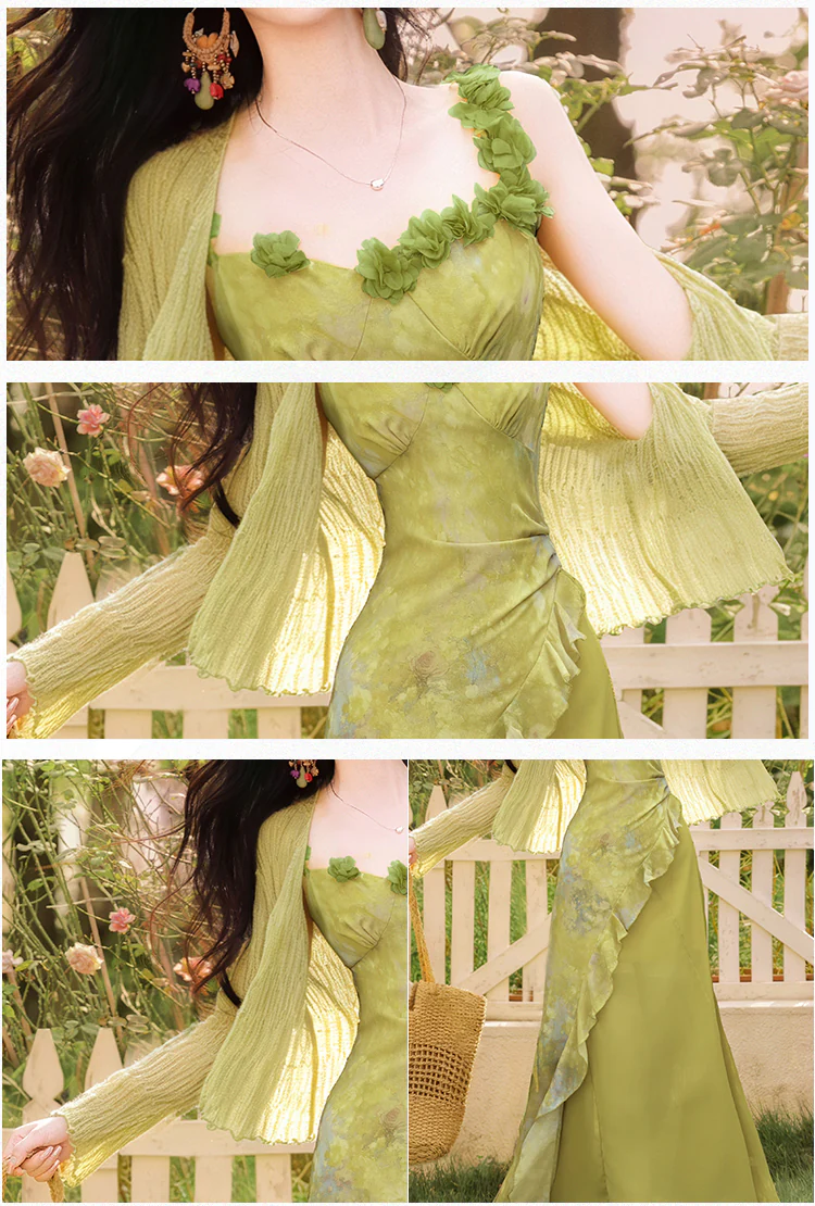 Cottagecore-Light-Green-Asymmetrical-Ruffle-Dress-with-Matching-Cardigan-Set09