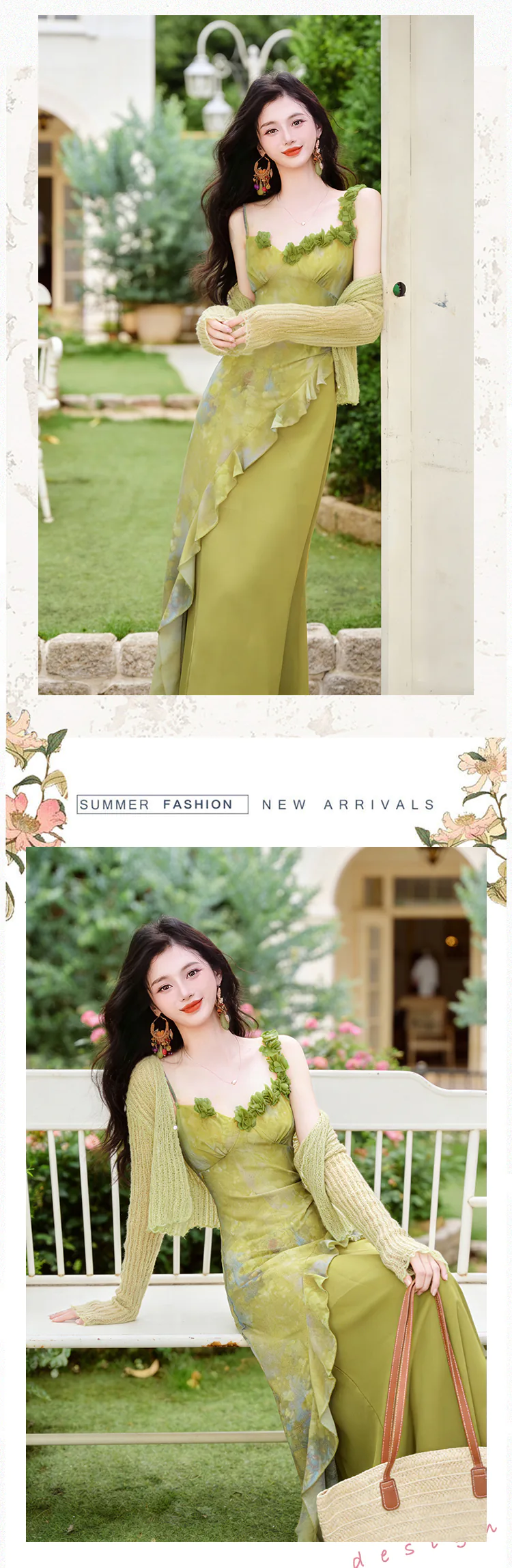 Cottagecore-Light-Green-Asymmetrical-Ruffle-Dress-with-Matching-Cardigan-Set11