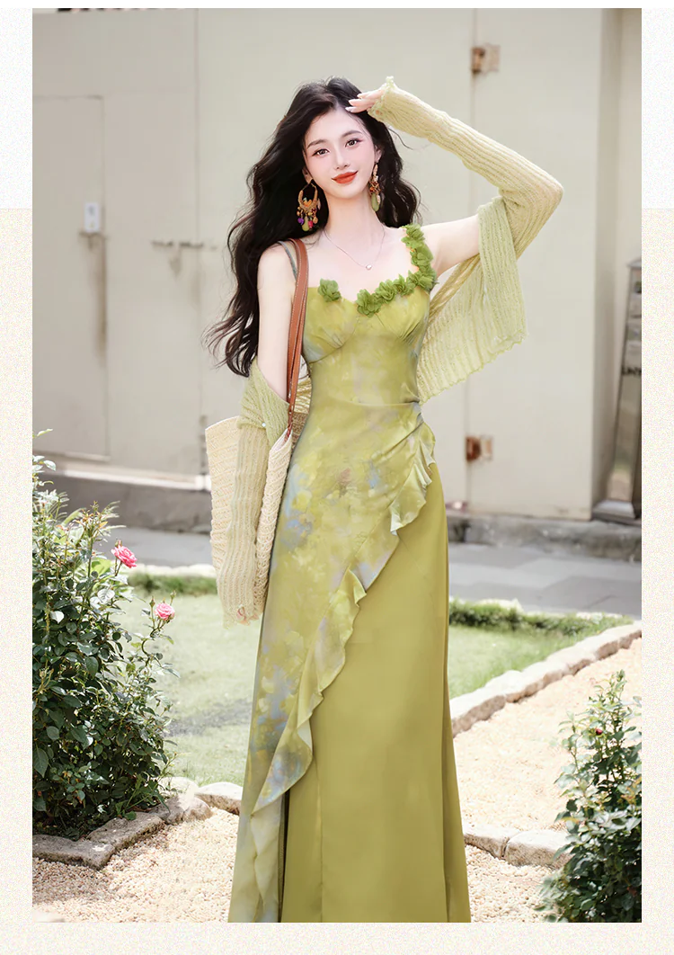 Cottagecore-Light-Green-Asymmetrical-Ruffle-Dress-with-Matching-Cardigan-Set12