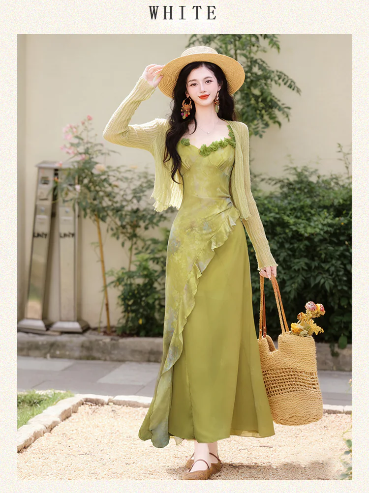 Cottagecore-Light-Green-Asymmetrical-Ruffle-Dress-with-Matching-Cardigan-Set13