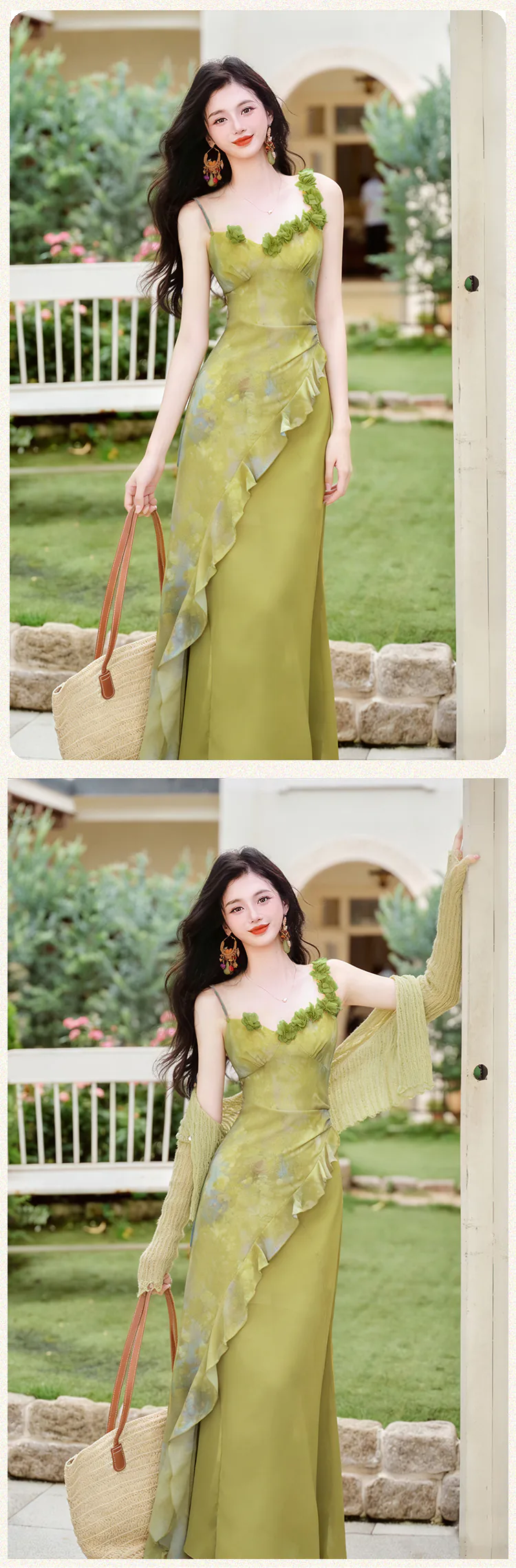 Cottagecore-Light-Green-Asymmetrical-Ruffle-Dress-with-Matching-Cardigan-Set14