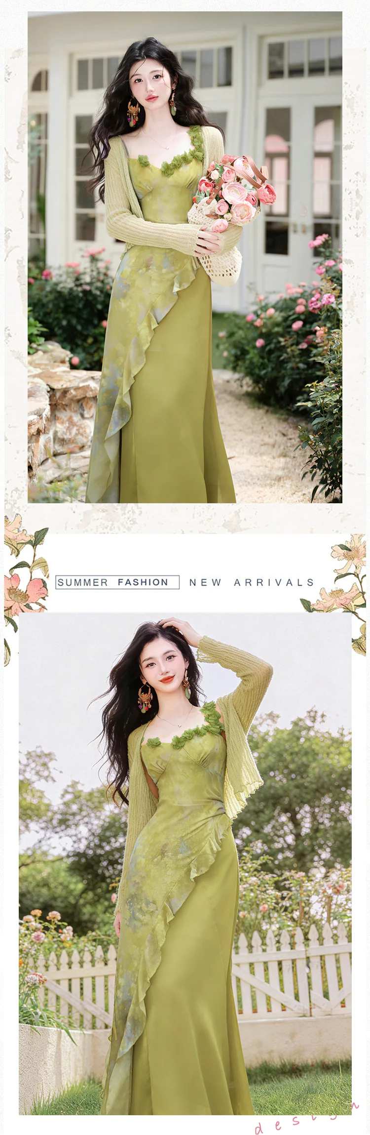 Cottagecore-Light-Green-Asymmetrical-Ruffle-Dress-with-Matching-Cardigan-Set15