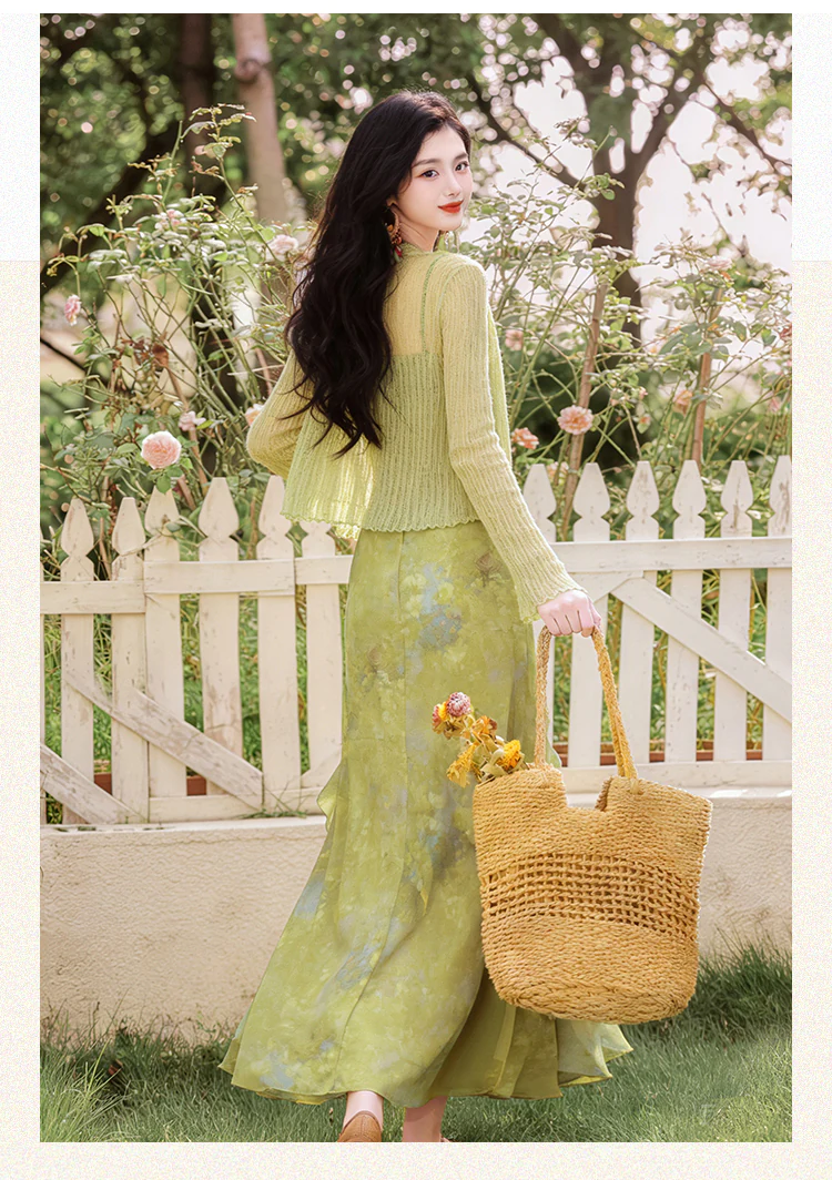 Cottagecore-Light-Green-Asymmetrical-Ruffle-Dress-with-Matching-Cardigan-Set16