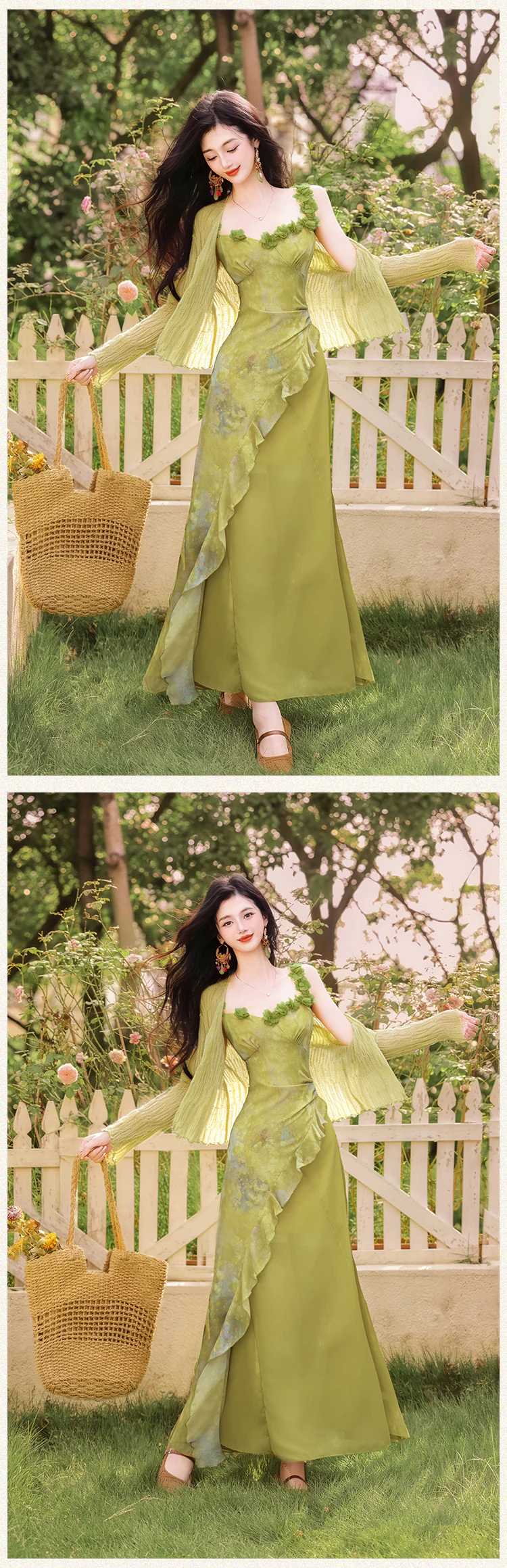 Cottagecore-Light-Green-Asymmetrical-Ruffle-Dress-with-Matching-Cardigan-Set18