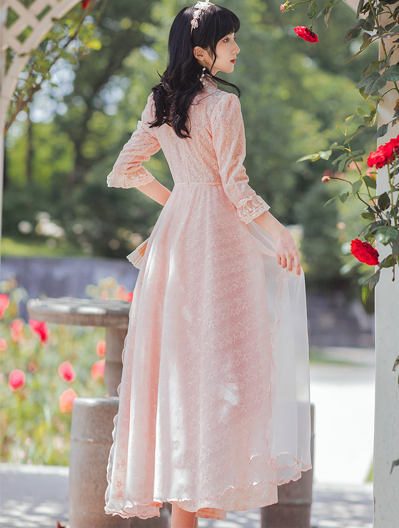 Fairy A Line Embroidered High Waist Pink Casual Long Dress05