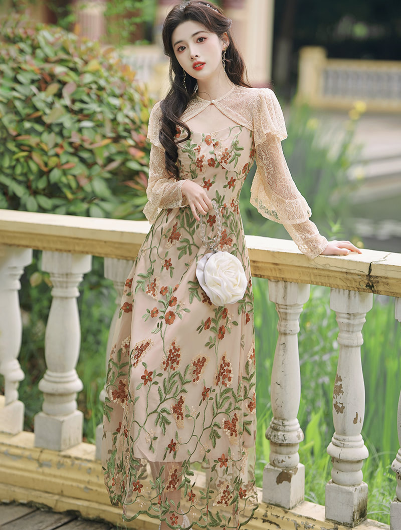 Romantic Vintage Floral Embroidery Lace Short Cardigan Slip Dress Set01