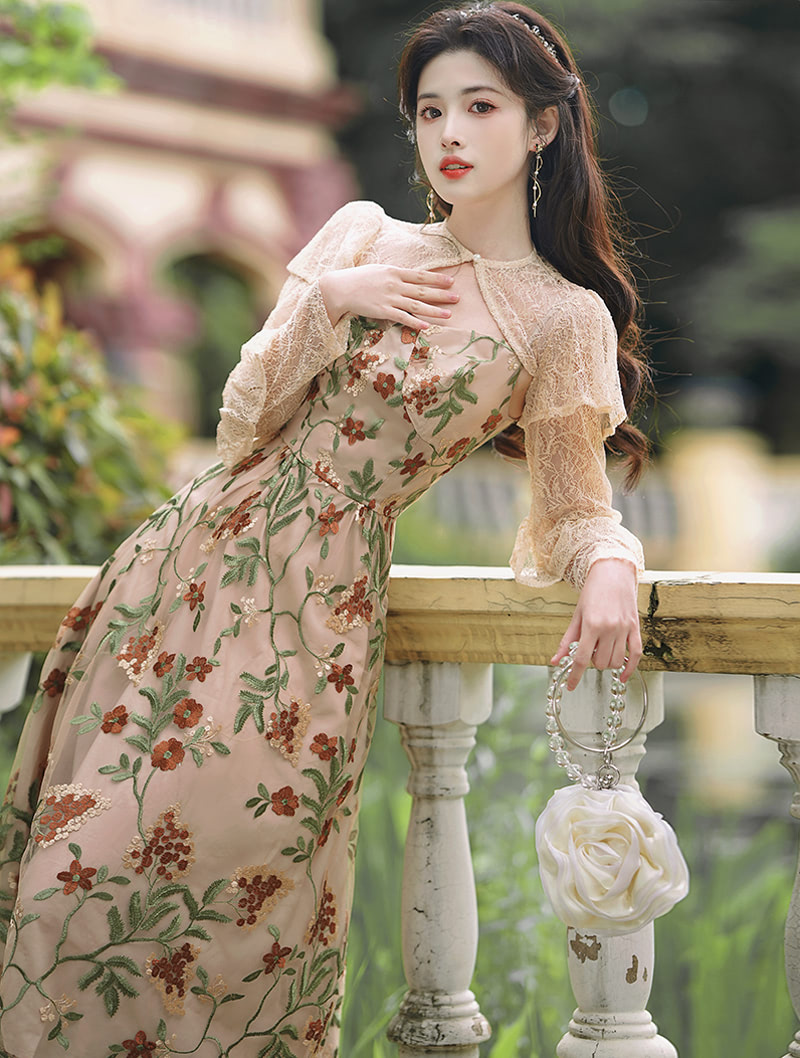 Romantic Vintage Floral Embroidery Lace Short Cardigan Slip Dress Set02
