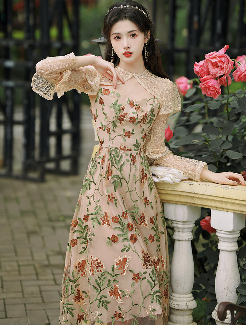 Romantic Vintage Floral Embroidery Lace Short Cardigan Slip Dress Set ...