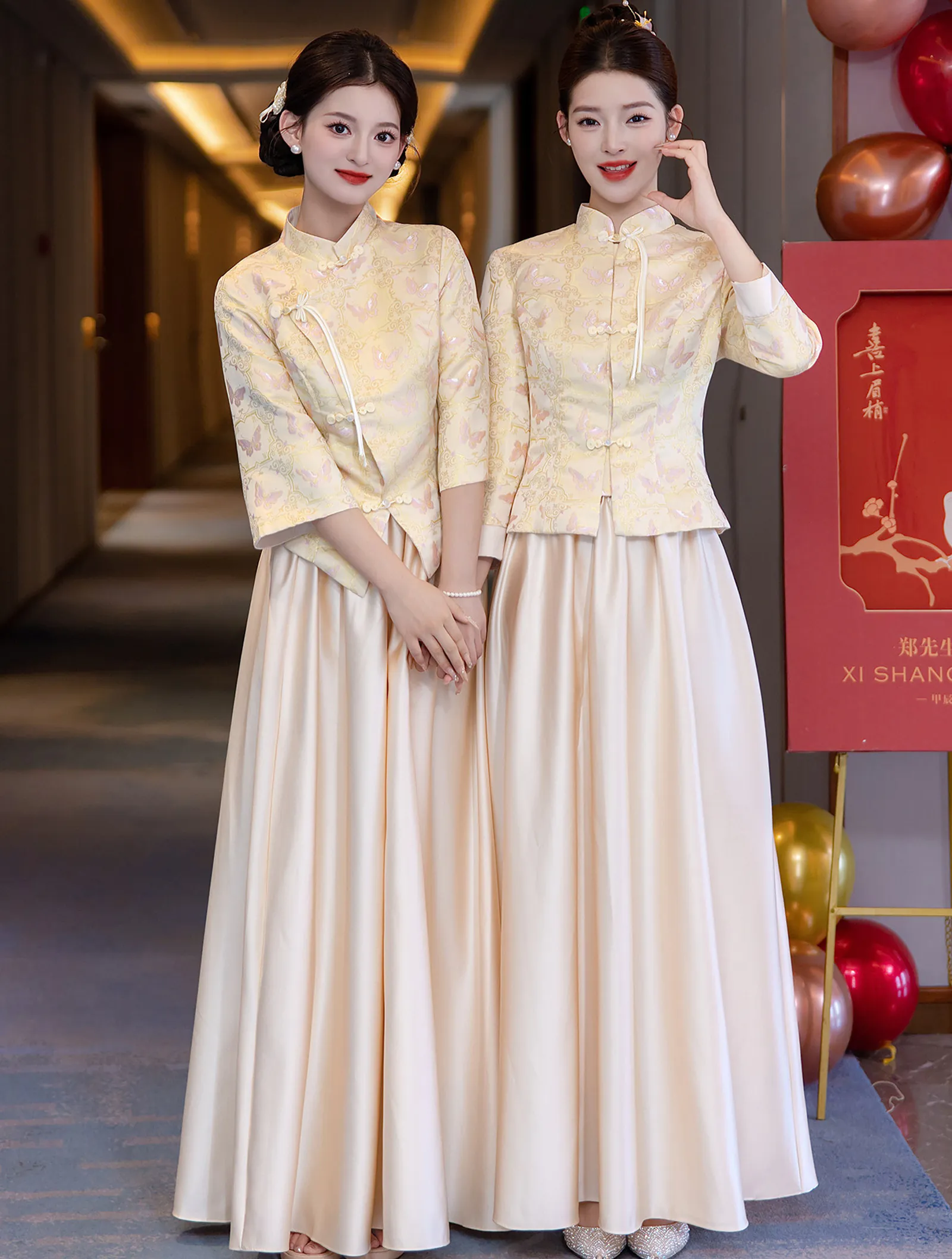 Beautiful Chinese Style Floral Brocade Reception Dress Outfit for Bridesmaid01
