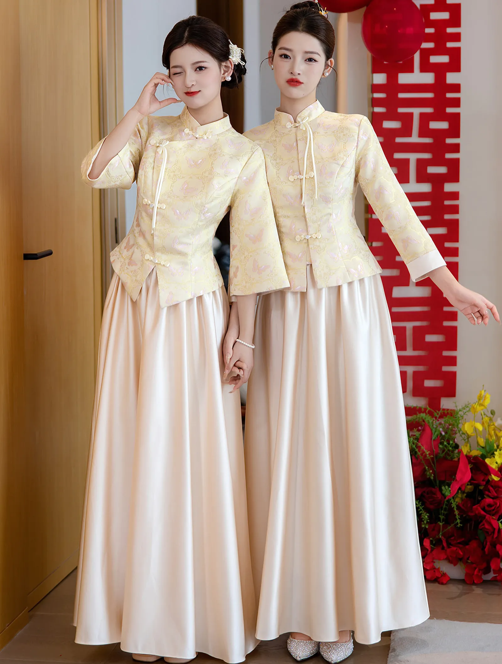 Beautiful Chinese Style Floral Brocade Reception Dress Outfit for Bridesmaid05 Beautiful Chinese Style Floral Brocade Reception Dress Outfit for Bridesmaid05