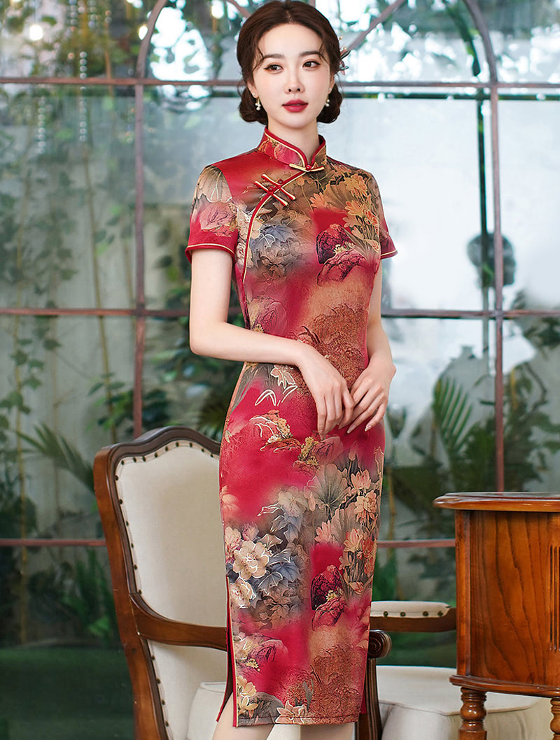 Elegant Gold Stamped Floral Slim Fit Cheongsam Midi Qipao Dress01