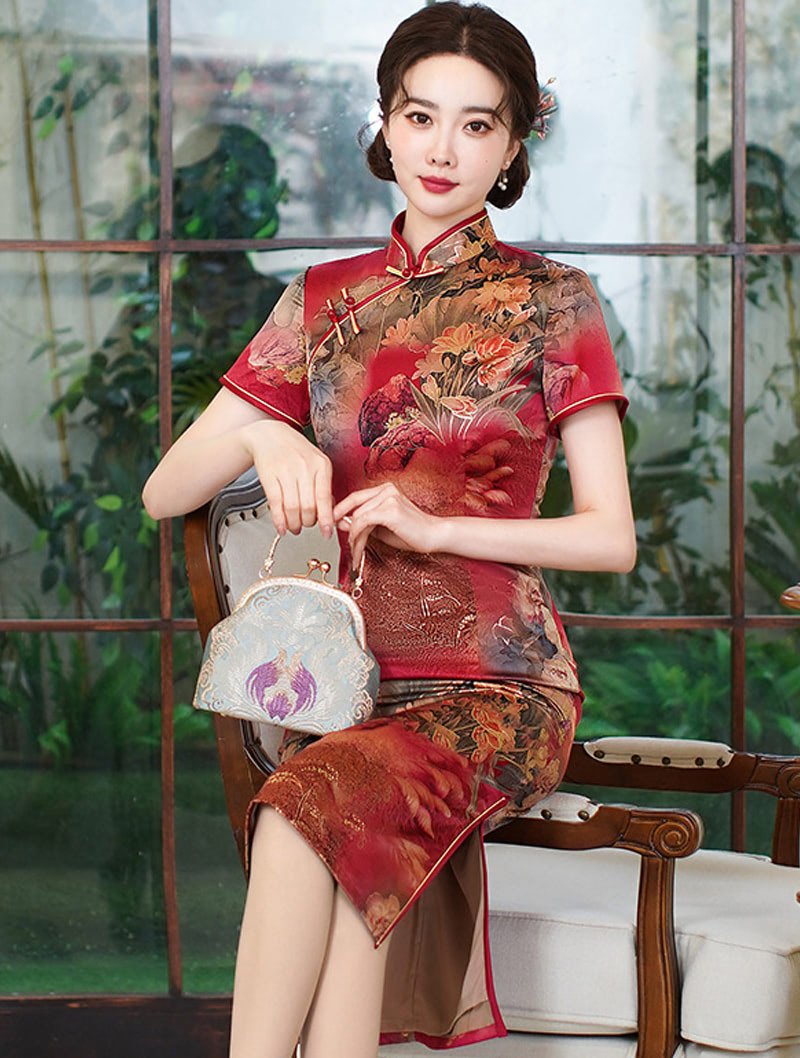 Elegant Gold Stamped Floral Slim Fit Cheongsam Midi Qipao Dress02
