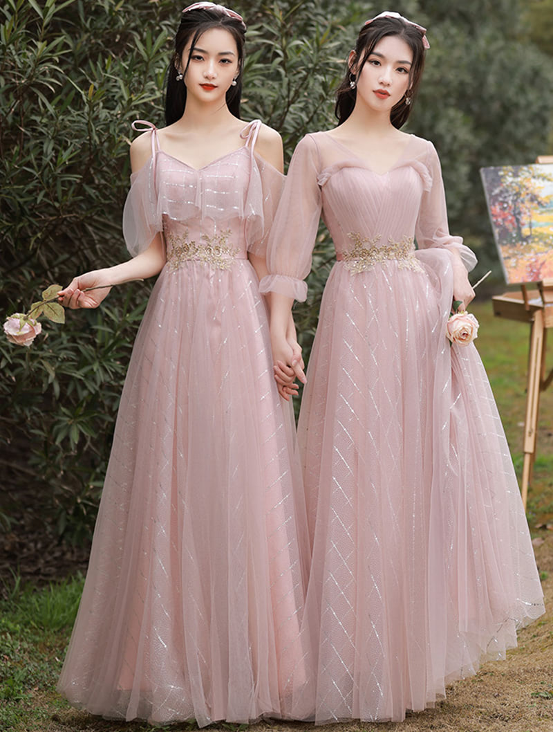 Fairy Pink Bridesmaid Dress with Sleeves Chiffon Long Casual Gown01