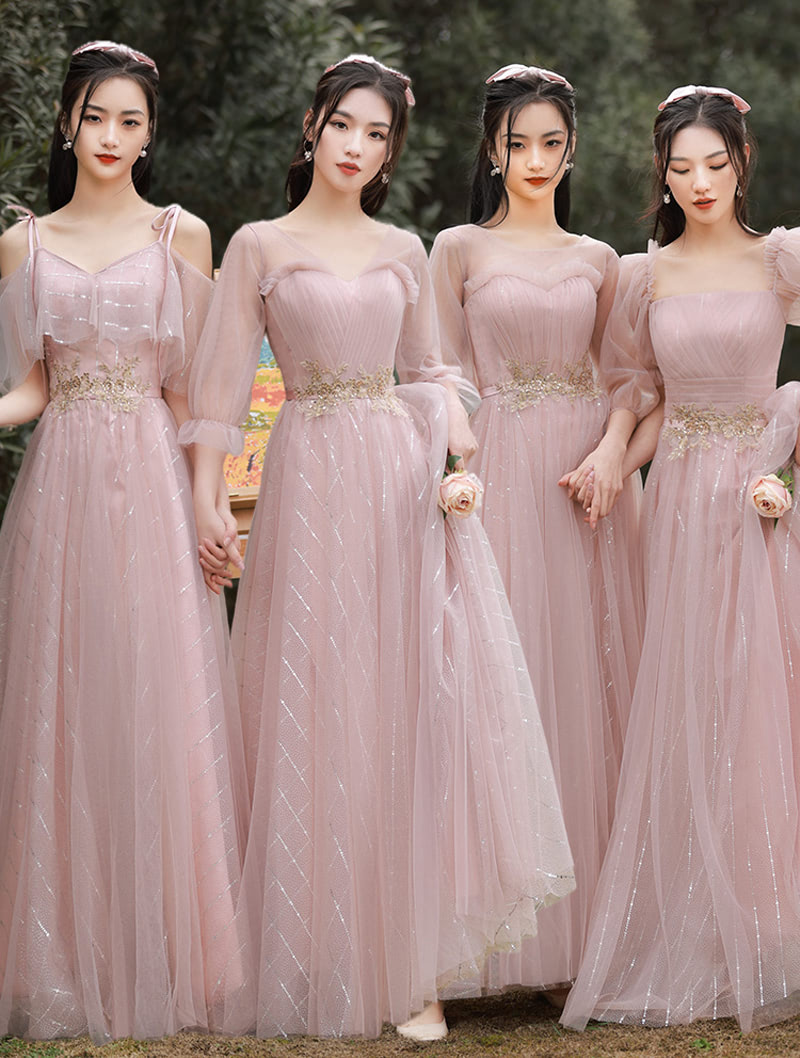 Fairy Pink Bridesmaid Dress with Sleeves Chiffon Long Casual Gown02