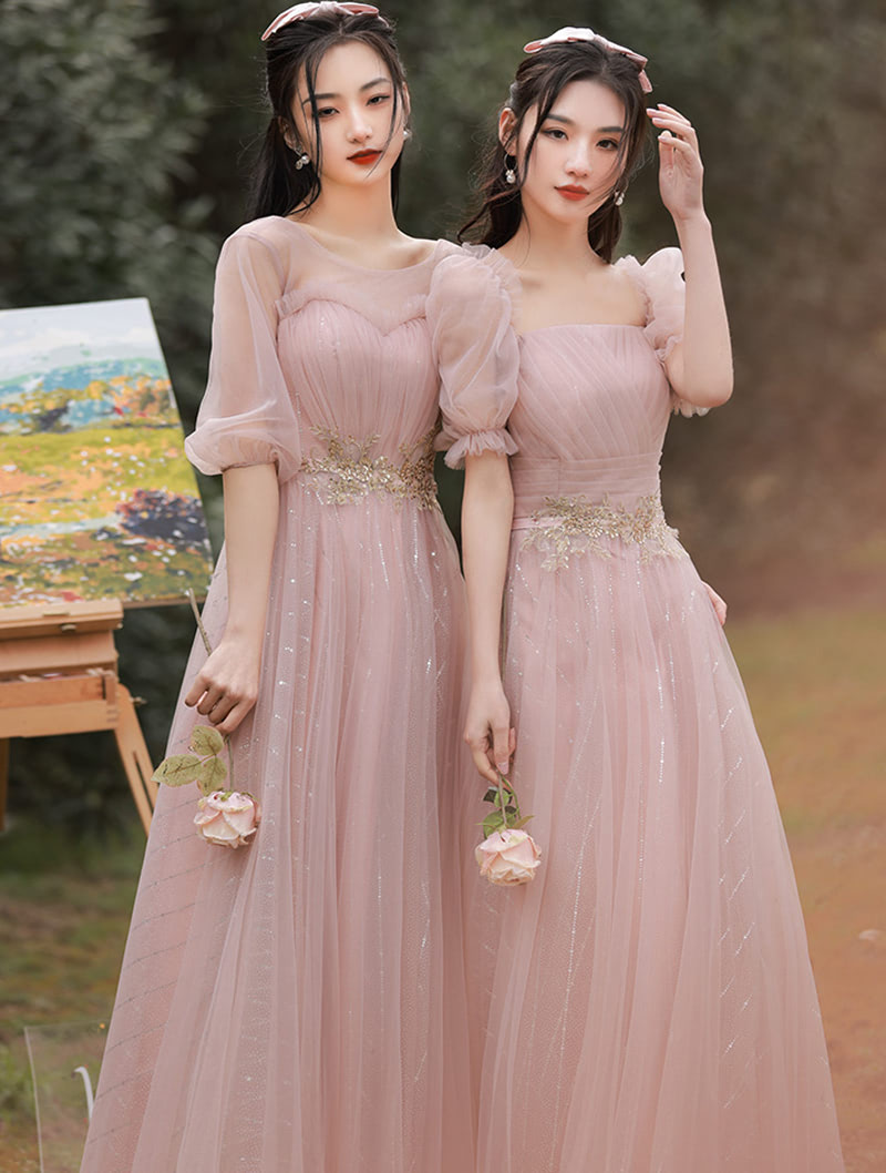 Fairy Pink Bridesmaid Dress with Sleeves Chiffon Long Casual Gown03